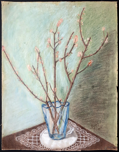Vaso con fiori di pesco, 1953, pastelli grassi su carta, cm 25x32, firmato