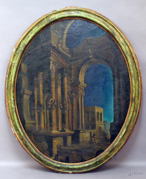 Paesaggio con architetture e figure, olio su tela, cm. 106x85, fine XVIII sec, entro cornice.