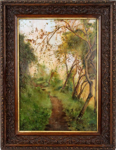 Sentiero nel bosco, olio su tavola, cm. 31x21,5, firmato, entro cornice.