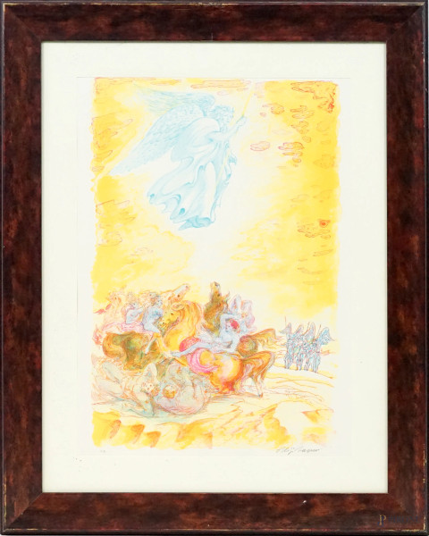 Aligi Sassu - L'Apocalisse di Giovanni Battista,  prova d'autore a colori, cm 53,5x38,5, recante timbro a secco, entro cornice.