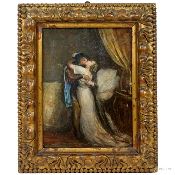 Il bacio, bozzetto dipinto ad olio su cartone, cm 27,5x28,5, XIX secolo, entro cornice, (difetti)