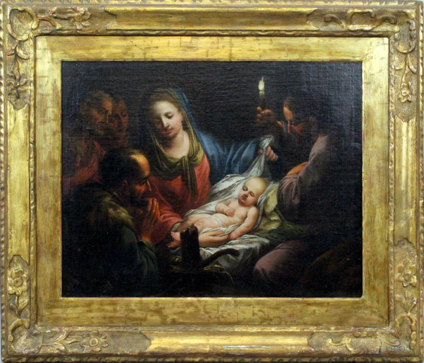 Pittore del XVIII secolo, Adorazione del Bambino, olio su tela, cm. 41,5x53,5, entro cornice.
