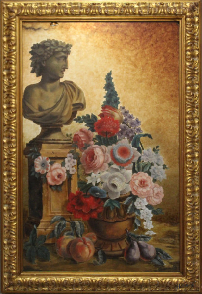 Natura morta, busto con vaso di fiori, olio su vetro, cm. 100x60, entro cornice (piccola sbeccatura).