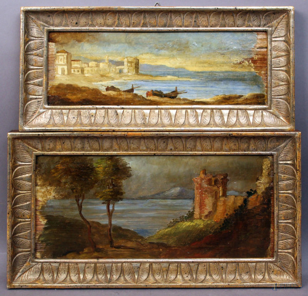 Lotto composto da due dipinti raffiguranti paesaggi, olio su tavola, cm 13,5x29,5 e cm 10x27, entro cornici.