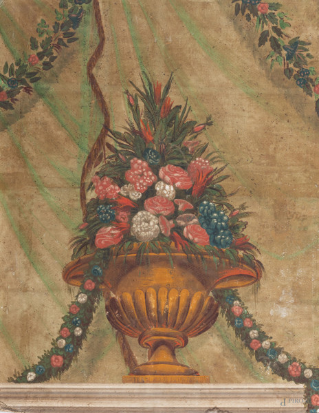 Coppia di dipinti a tecnica mista su carta applicata su pannello raffiguranti vasi di fiori, XX secolo, cm 85x65, (segni di usura, tracce di umidità, increspature della carta, abrasioni, foxing, lacerazioni, restauri)