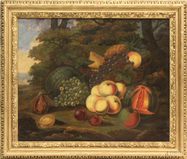 Natura morta, raffigurante frutta, olio su tela, cm. 48x59, XIX sec., entro cornice.