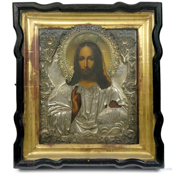 Icona raffigurante Cristo Benedicente, tempera su tavola con riza in argento, Russia, 1868, entro teca, cm 42.5x38.5x8
