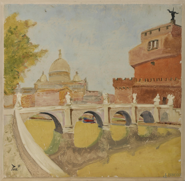 Ponte Sant'Angelo, XX secolo, tecnica mista su compensato, cm 38x39, firmato in basso a sinistra, entro cornice (segni di usura, abrasioni, cadute di colore)