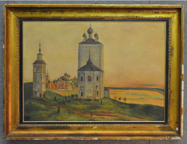 Scorcio di paesaggio con chiesa e figure, dipinto dell&#39;800 ad olio su tela 97x71 cm, entro cornice firmato.