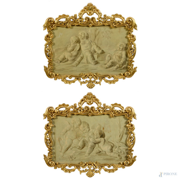 Coppia di grisailles raffiguranti putti, XIX  secolo, cm  40x60, entro cornici, (craquelure)