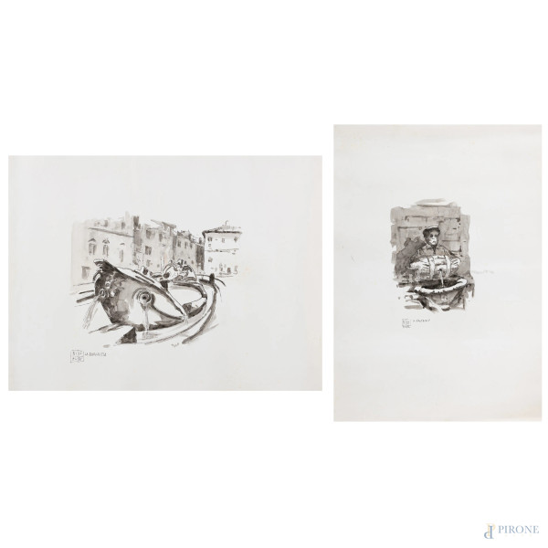 Aldo Riso (1929-2008), Lotto di due disegni a tecnica mista raffiguranti il Facchino e la Barcaccia, misure massime cm 50x70, firmati in basso (segni di usura, difetti, macchie di umidità, piegature, strappi)