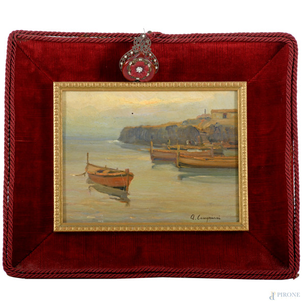 Scorcio marino, olio su tavoletta, cm 17x22 entro cornice, firmato in basso a destra A. Campriani, (difetti)