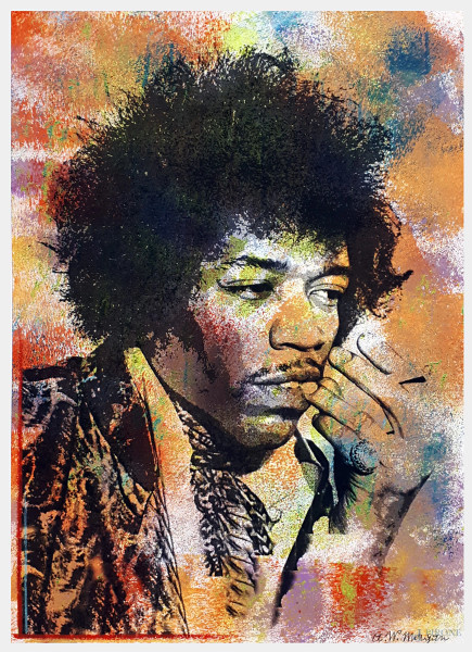 Jimi Hendrix, ritratto pop a tecnica mista su carta, cm 21x30, firmato, opera del maestro Anton Walter Morgan