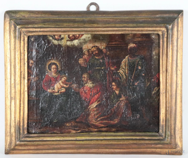 Adorazione dei Magi, XVIII -XIX secolo, olio su tela, cm 20x27, entro cornice, (segni di usura, abrasioni, sollevamenti e cadute di colore)