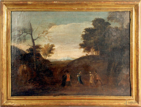 Domenico Brandi (cerchia di), Paesaggio con figure, olio su tela, cm. 42x58, entro cornice.