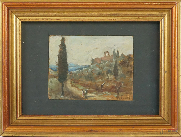 Paesaggio, olio su tavola, cm 6x8, firmato R.Sorbi, entro cornice