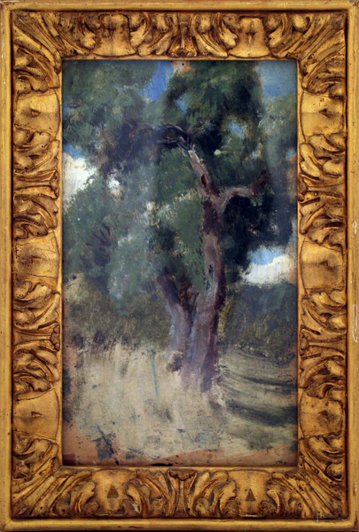 Paesaggio boschivo, olio su tavola, 20x12 cm, entro cornice