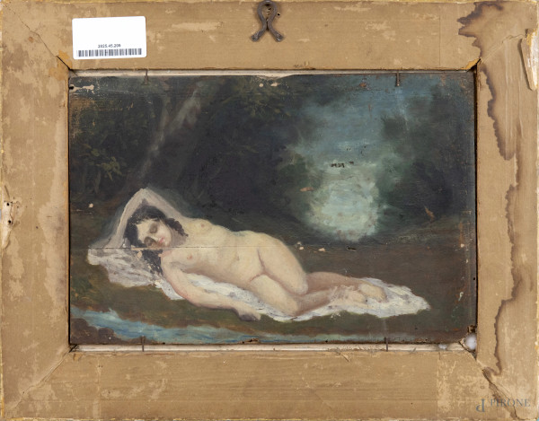 Pittore inglese del XX secolo secolo,Nudo femminile disteso in un bosco, olio su tavola, cm 31,5x...