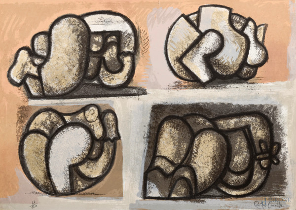 Pietro Cascella (1921-2008), Senza Titolo, litografia a colori 67/120, cm 49,5x70, firmato in basso, (strappo al margine)