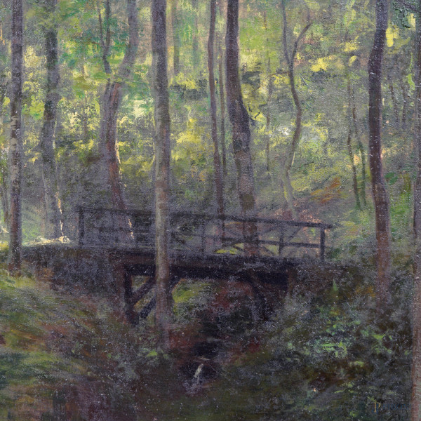 Attr. a Cesare Bertolotti (1854-1932), Bosco, olio su tela, cm 100x97,5, entro cornice
