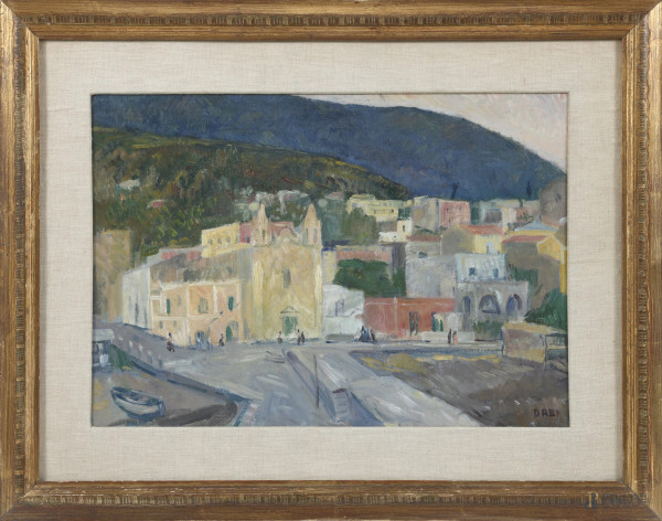 Ercole Drei (1886-1973), Isola Salina, olio su cartone telato, cm 35x48, firmato in basso a destra, entro cornice