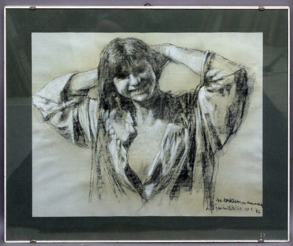 Ritratto di ragazza, tecnica mista su carta 45x55 cm, firmato e datato, entro cornice.