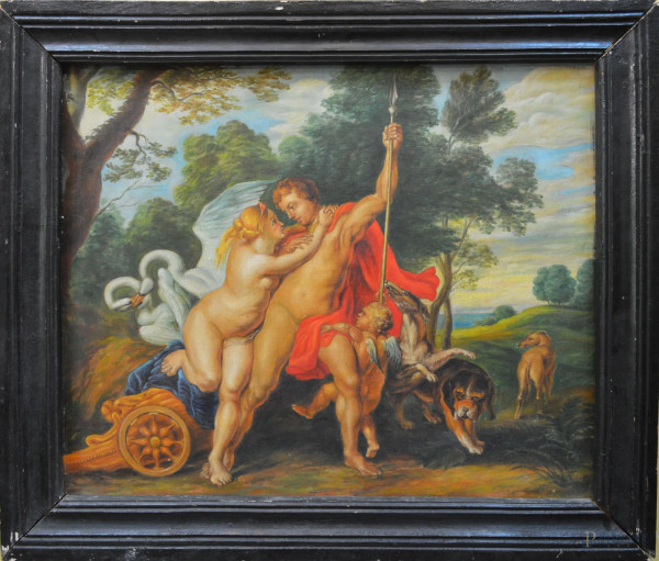 Figure mitologiche, olio su tela 57x69 cm, entro cornice.