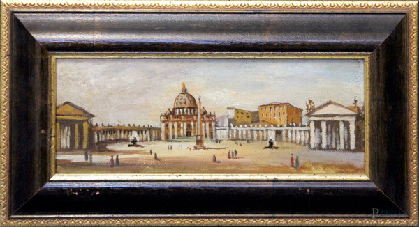 Piazza San Pietro, olio su tela riportata su cartoncino, cm 30 x 12, entro cornice.