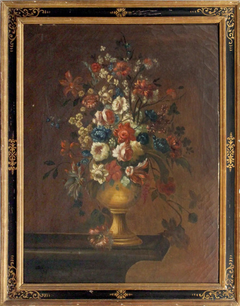 Natura morta con vaso e fiori, olio su tela, cm 96x76, XIX sec., entro cornice.