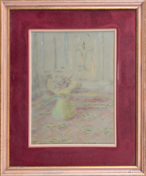 Vaso con fiori, XX secolo, olio su cartone telato, cm 40x30, entro cornice, (segni di usura)