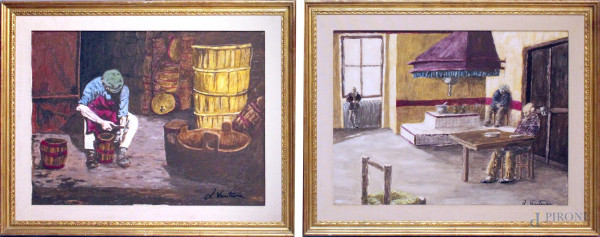 Interni con figure, coppia dipinti ad olio su tela,cm. 60x80, firmati, entro cornici.