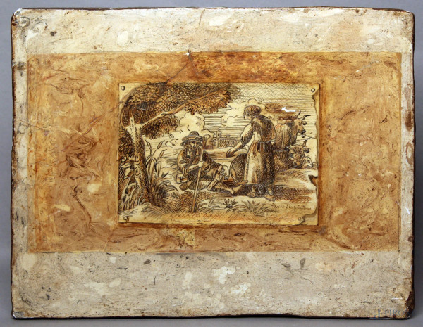 Mattonella con scena pastorale, cm 29x37.