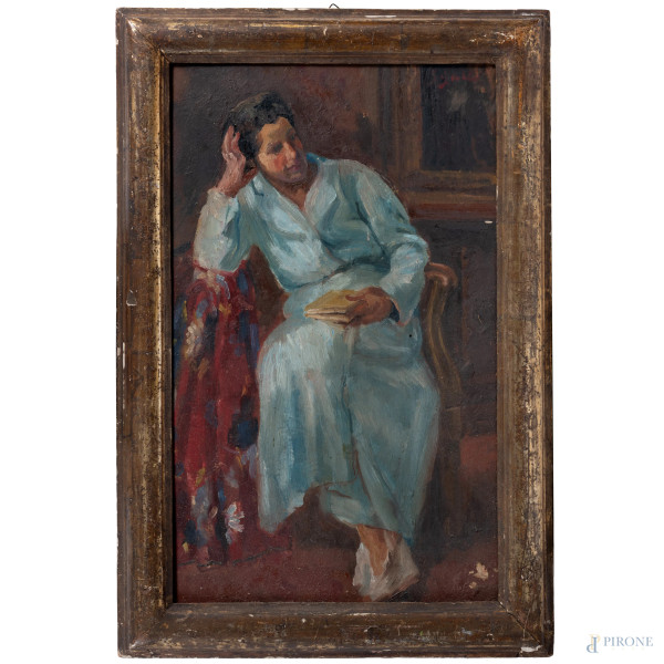 Saverio Gatto (1877-1959), Nello studio, olio su faesite, cm 63,5x40, firmato in alto a destra, entro cornice, (segni di usura, cadute di colore, piccoli fori)