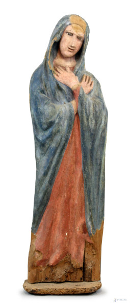La Vergine, scultura del XVI secolo in legno policromo, cm h 115, (difetti e restauri).