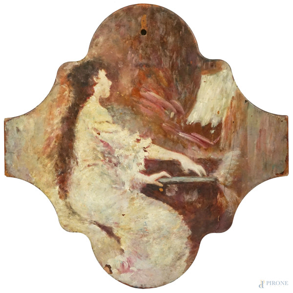 La pianista, dipinto su mattonella, cm 29,5x29,5, XX secolo, (difetti)