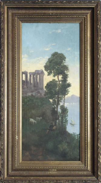 Scorcio di costa con figure ed armenti con tempio su sfondo, dipinto ad olio su tela, cm 26 x 63, entro cornice.