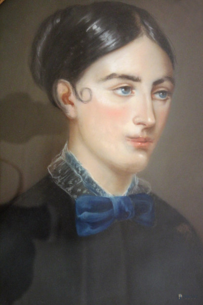 Ritratto di ragazza, dipinto ad assetto ovale a pastello, 52x42 cm, entro cornice, firma illegibile