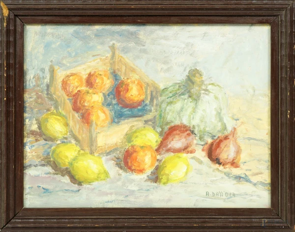 Natura morta di frutta, olio su cartone pressato, firmato in basso a destra, cm 23,2x30,5, entro cornice