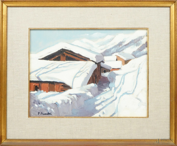 Piero Ansaldi - Paesaggio invernale, olio su cartone telato, cm 30x40, entro cornice