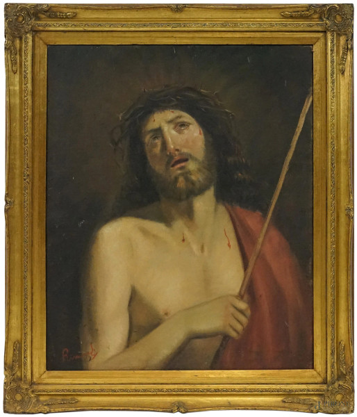 Ecce homo, olio su tela, cm 59,5x49, firmato, entro cornice, (difetti)