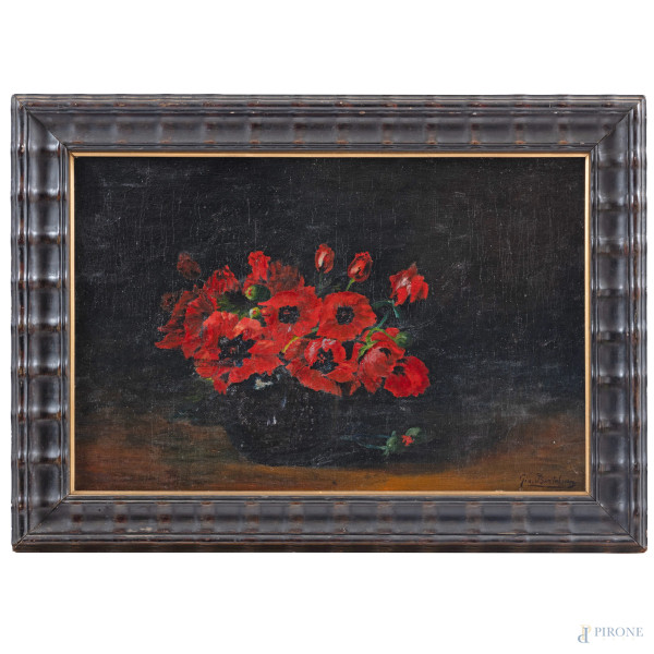Papaveri XX secolo, olio su tela, cm 40x60, firmato in basso a destra, entro cornice, (segni di usura, cadute di colore)