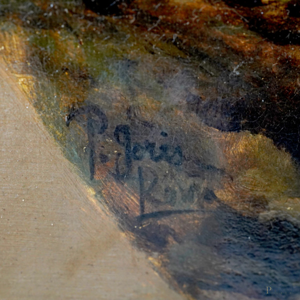 Paesaggio con torre e ruderi di caseggiati, metà del XX secolo, olio su tela, cm 32,5x24 entro co...