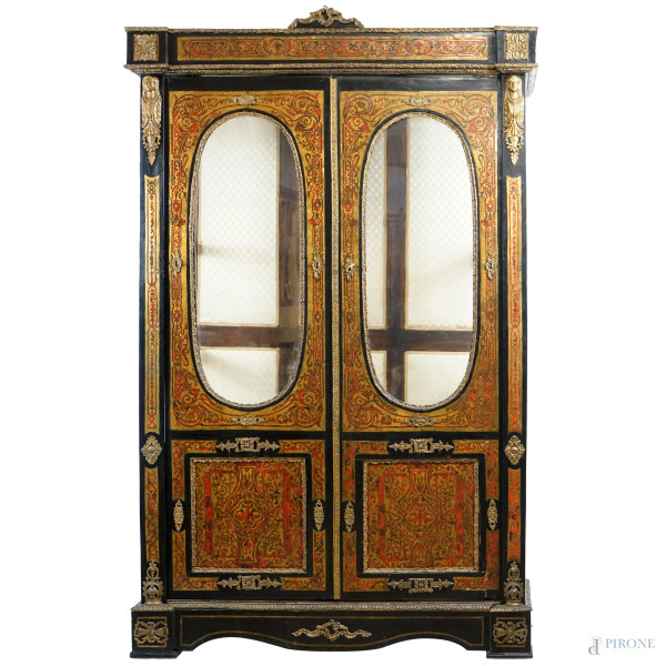 Vetrina stile Boulle in legno ebanizzato con intarsi e applicazioni in metallo dorato, due ante, fine XIX secolo, cm h 204x125x44, (difetti)