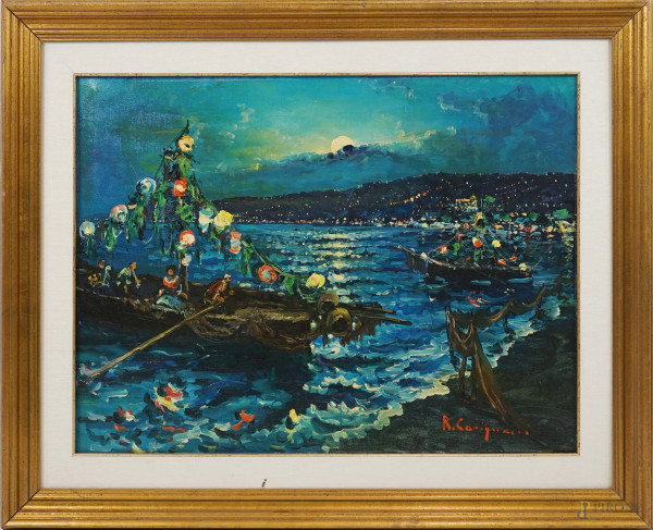 Roberto Carignani - Golfo di Napoli, olio su tela, cm 60x80, entro cornice.
