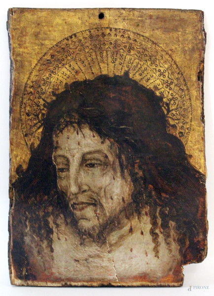 Ecce Homo, olio su tavola, Spagna, XIX secolo, cm 43x31, (difetti)
