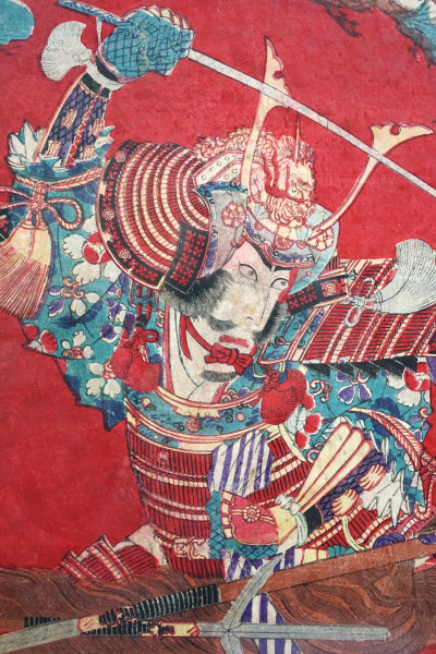 Guerriero combattente a cavallo, stampa a colori, 32x23,5, arte orientale, entro cornice.