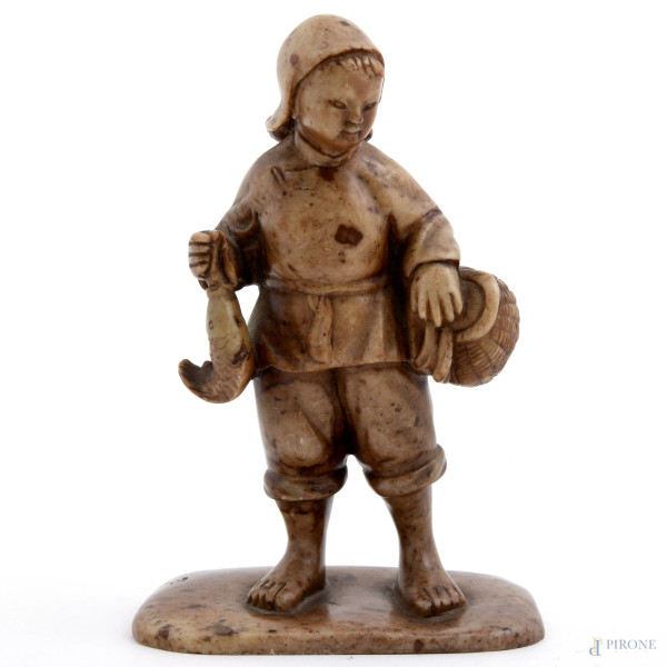 Pescatore, scultura in pietra saponaria, XX secolo, altezza cm 11, (difetti)