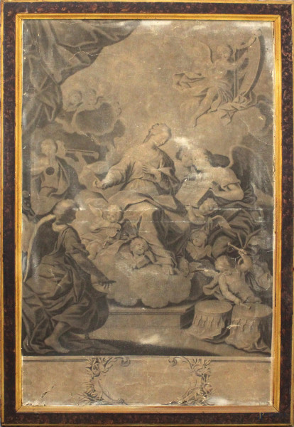 Antica stampa raffigurante la Madonna del Magnificat, carta applicata su tela, cm 109x69,5, entro cornice, (difetti).