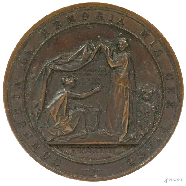 Medaglia in bronzo "Conforta la memoria mia che giace", realizzata nel 1876 a ricordo di Bartolomeo Cristofori, diametro cm 5,5, (difetti)