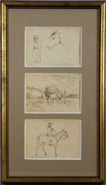 Lotto composto da tre bozzetti a china , a soggetti di cavalli, cm. 9x14 cm, firmati entro un&#39;unica cornice.